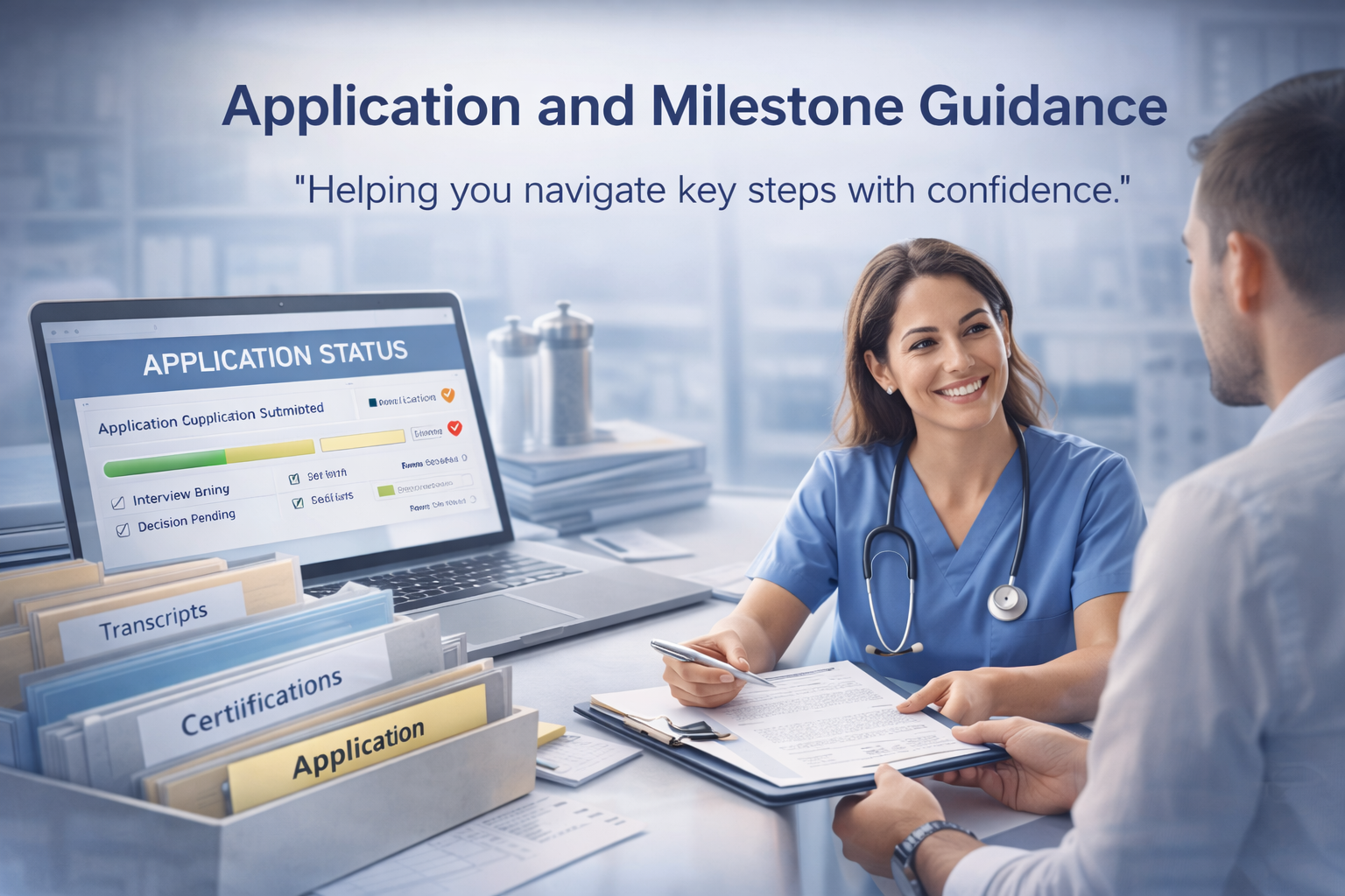 Healthcare professional receiving application and milestone guidance