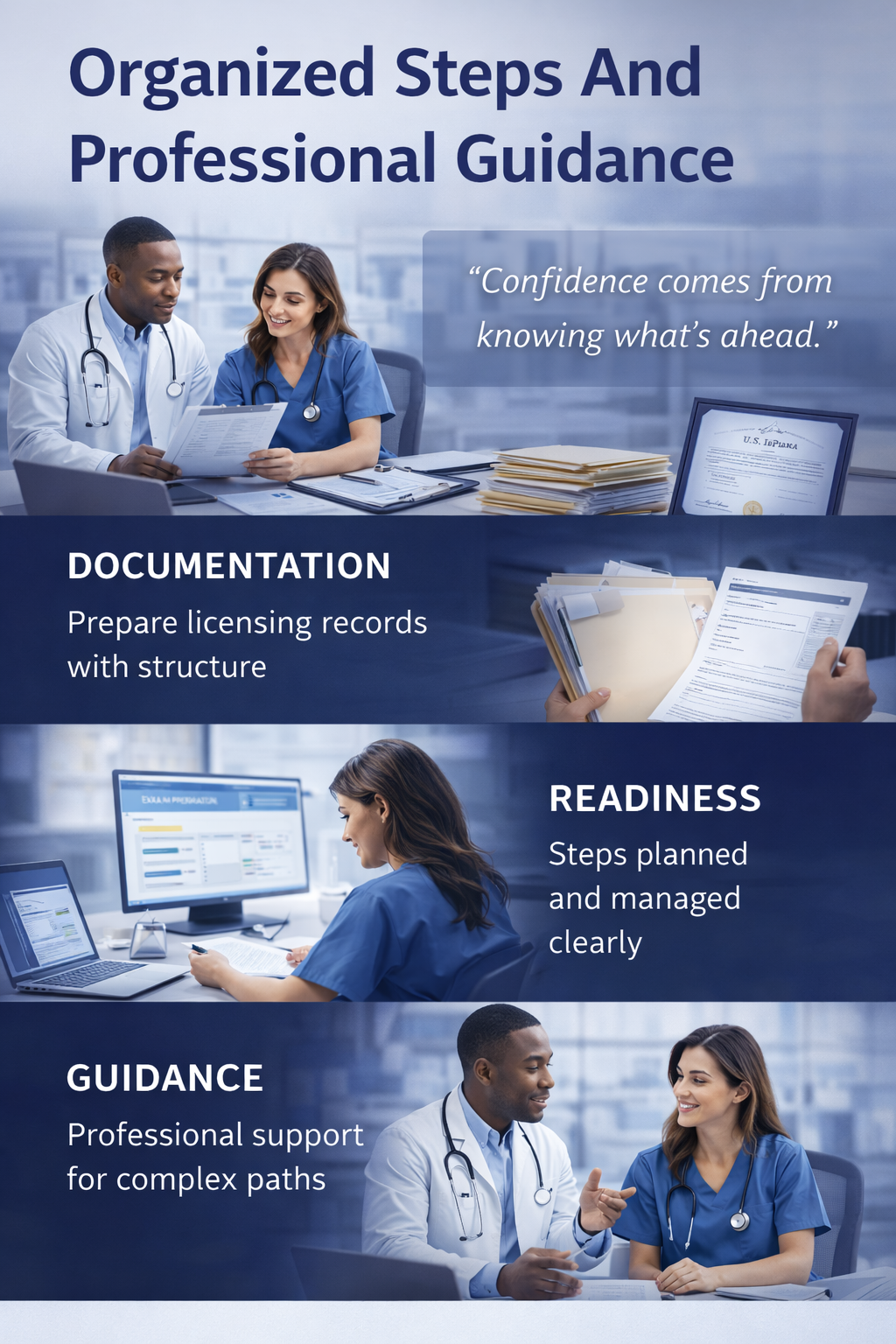 Healthcare professionals receiving organized licensing support and guidance