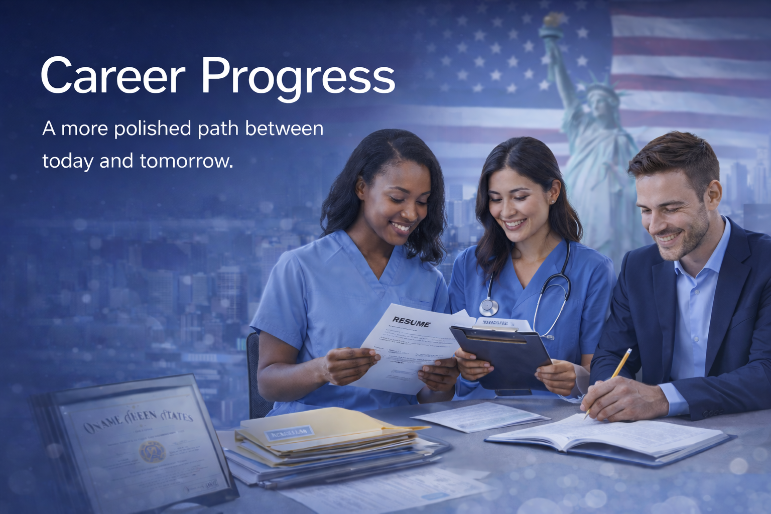 Career progress journey for international healthcare candidates with nurse support and business guidance