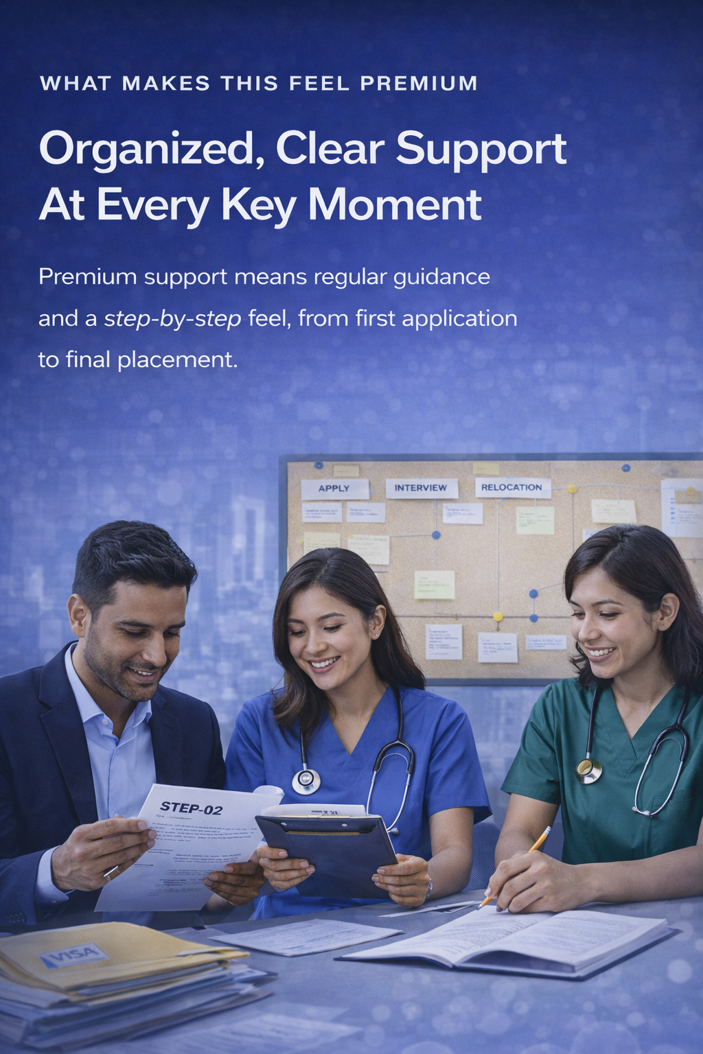 Organized support journey for international healthcare candidates with nurse guidance and business support