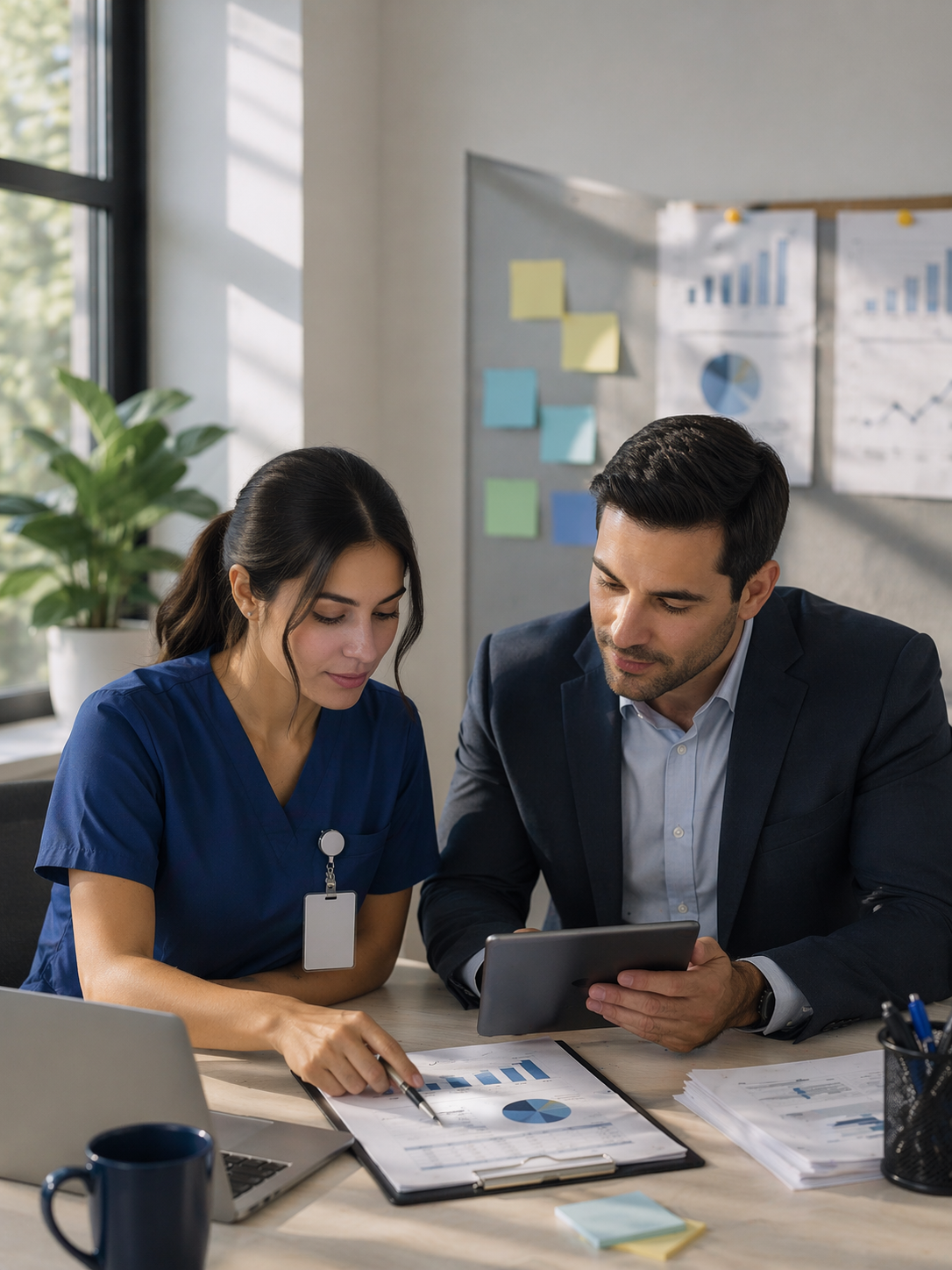 Nurse and business professional reviewing compliance oversight documents