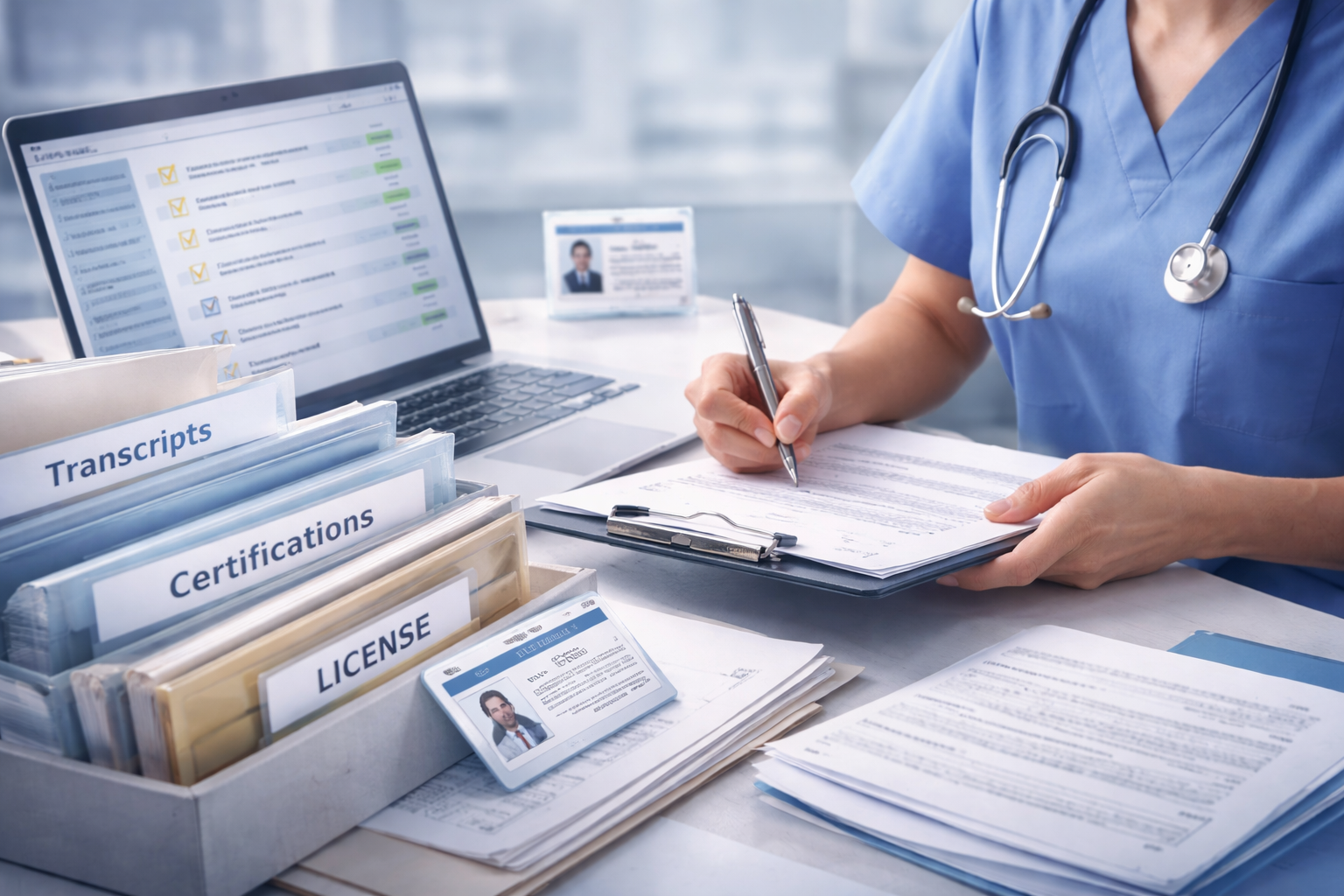 Healthcare professional preparing licensing documents and records