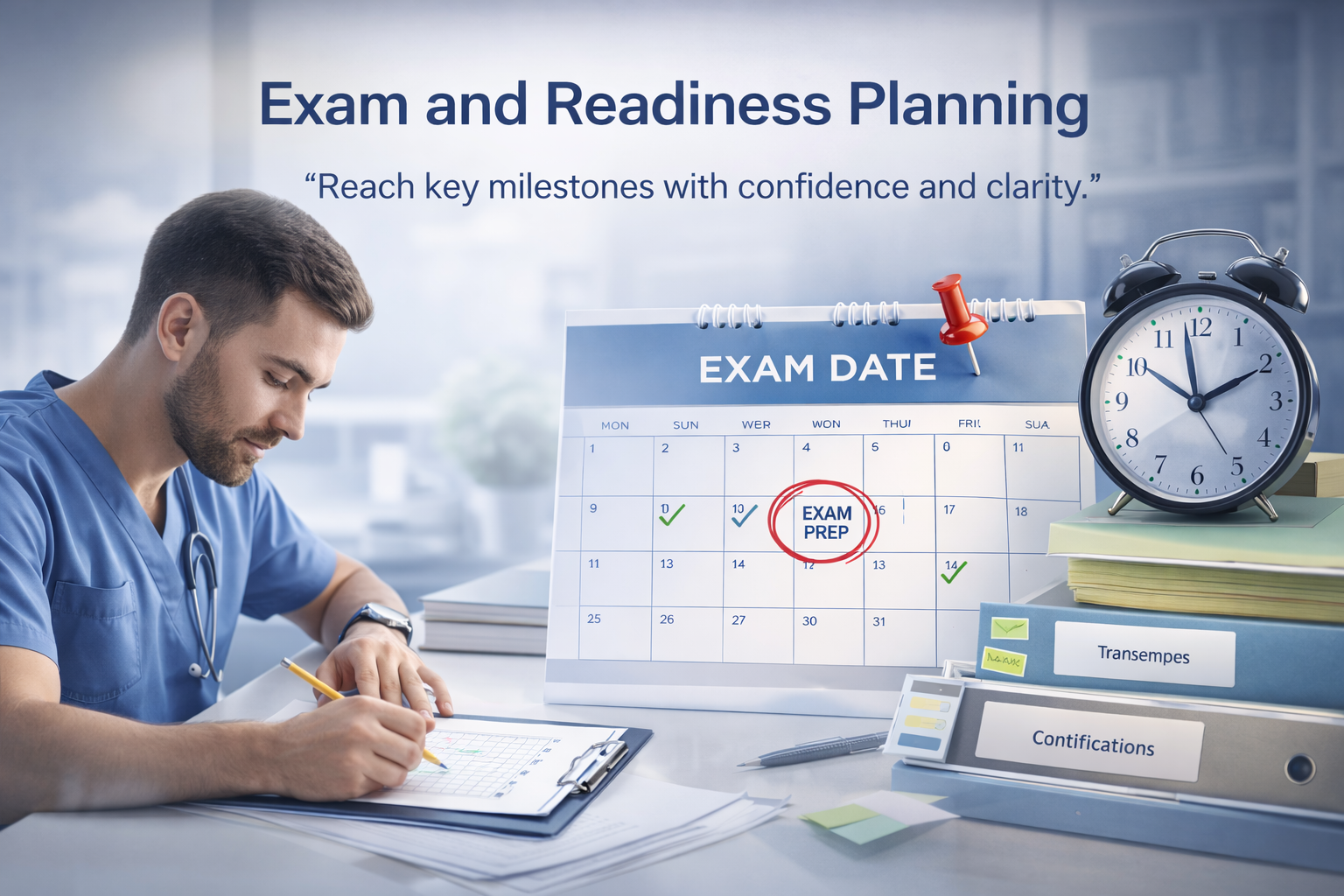 Healthcare professional preparing for exam and readiness milestones