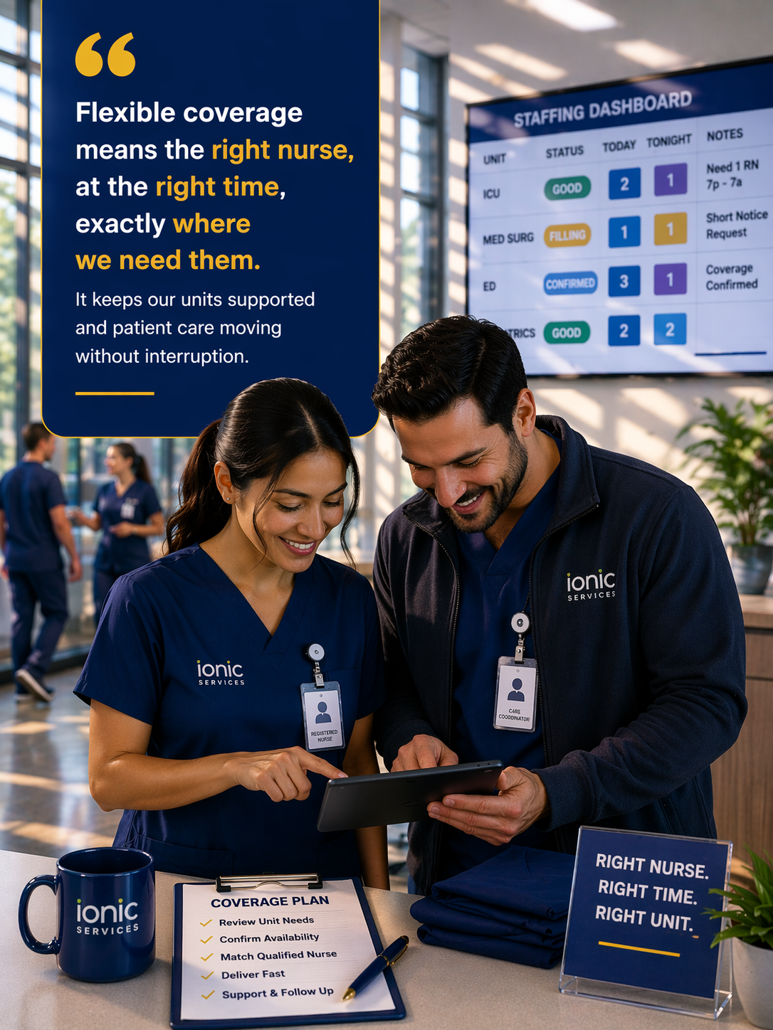 Flexible contract staffing coverage with nurses coordinating support