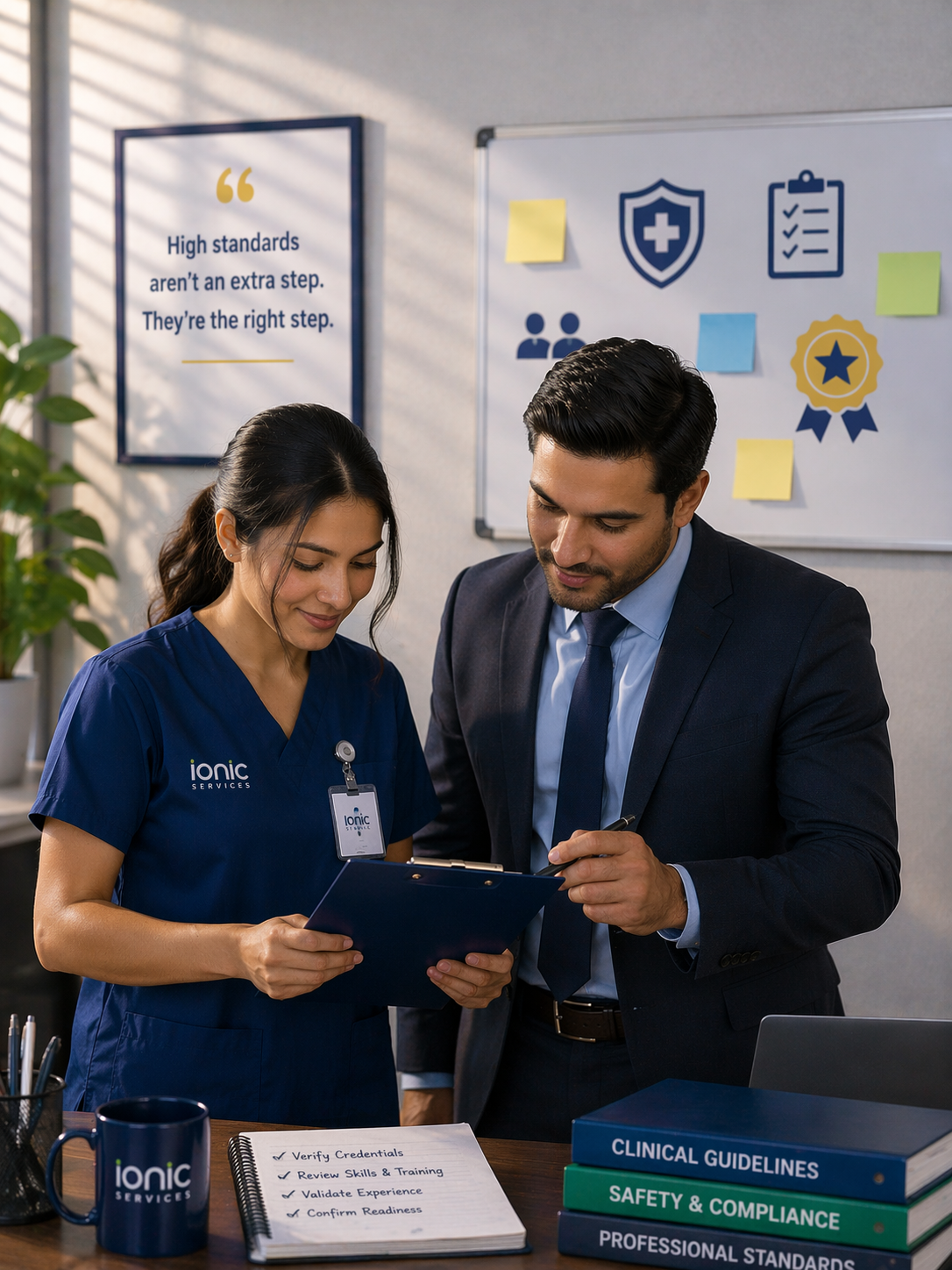 Nurse and business professional reviewing high standards and compliance expectations