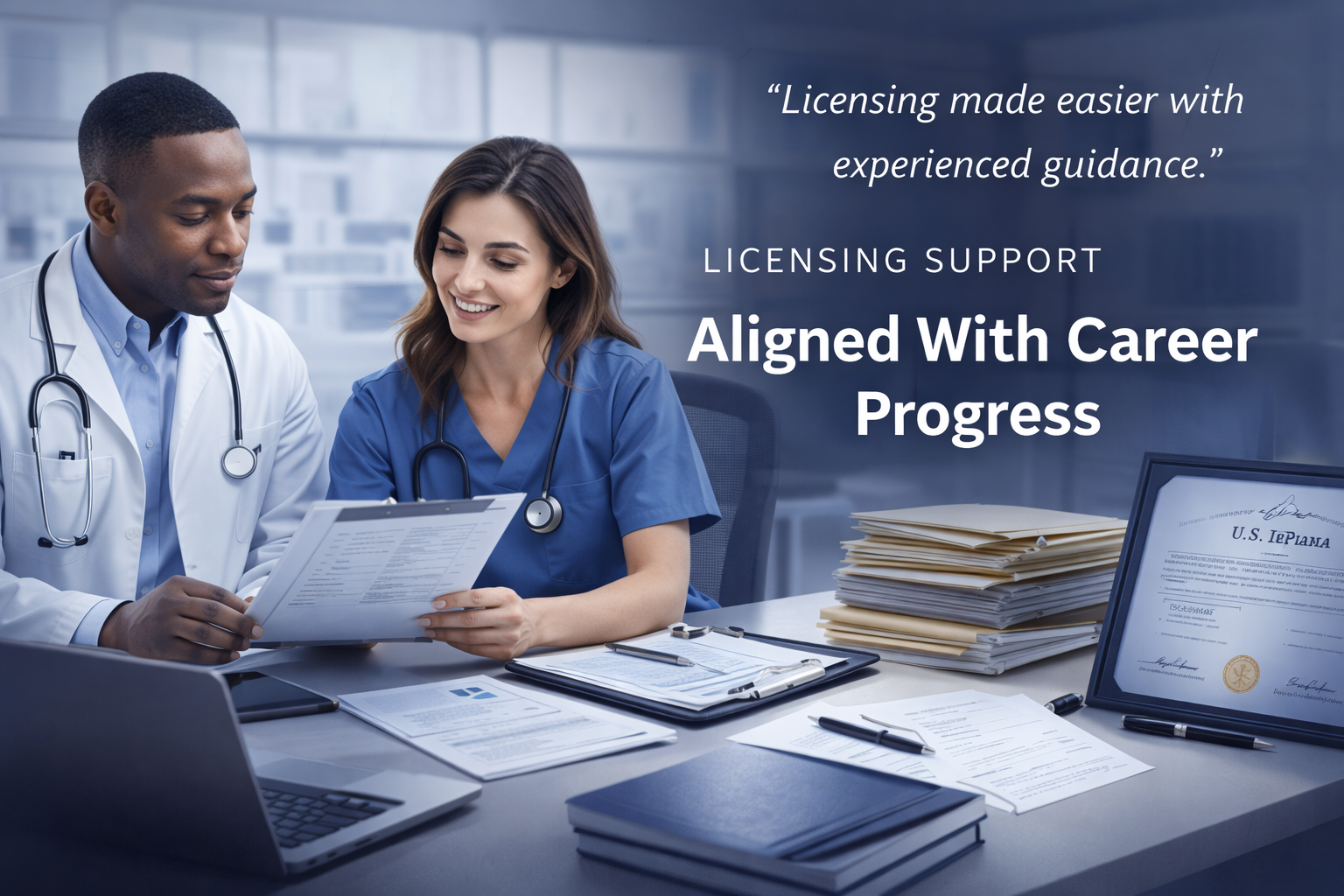 Healthcare professional receiving licensing support aligned with career progress