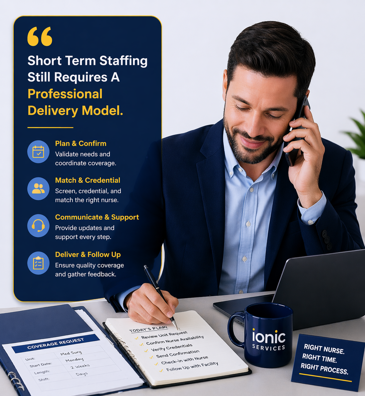 Business professional coordinating short term staffing delivery