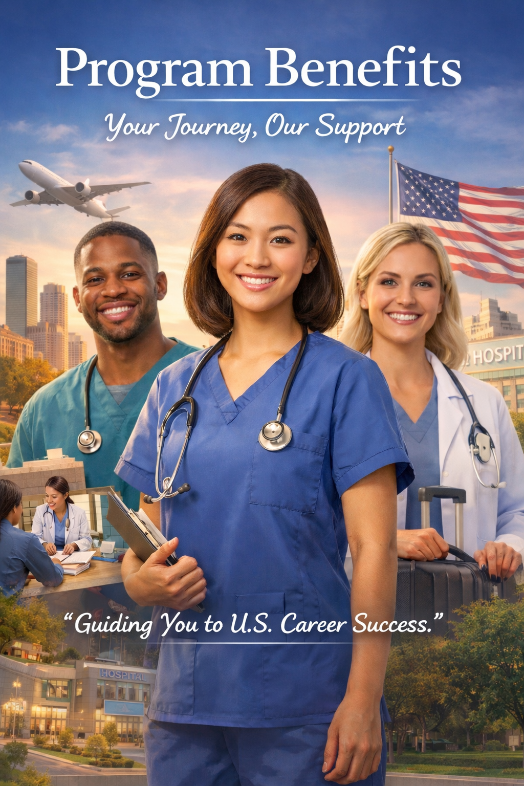 Healthcare professionals representing guided career support and program benefits
