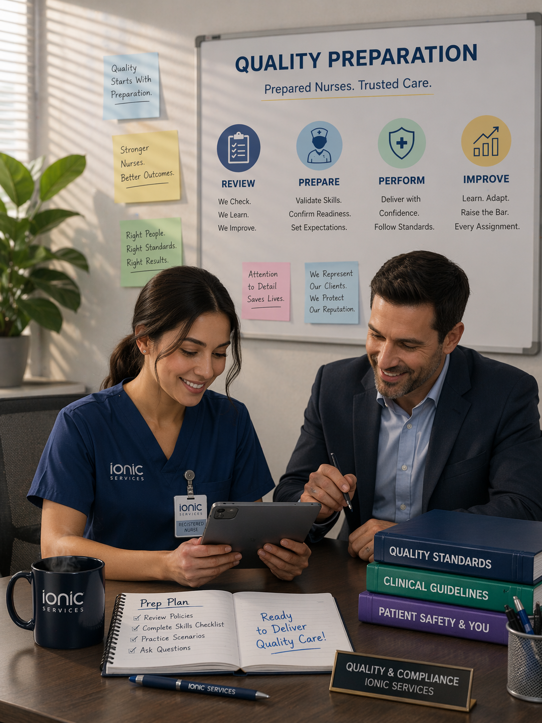 Nurse and business professional reviewing quality preparation standards