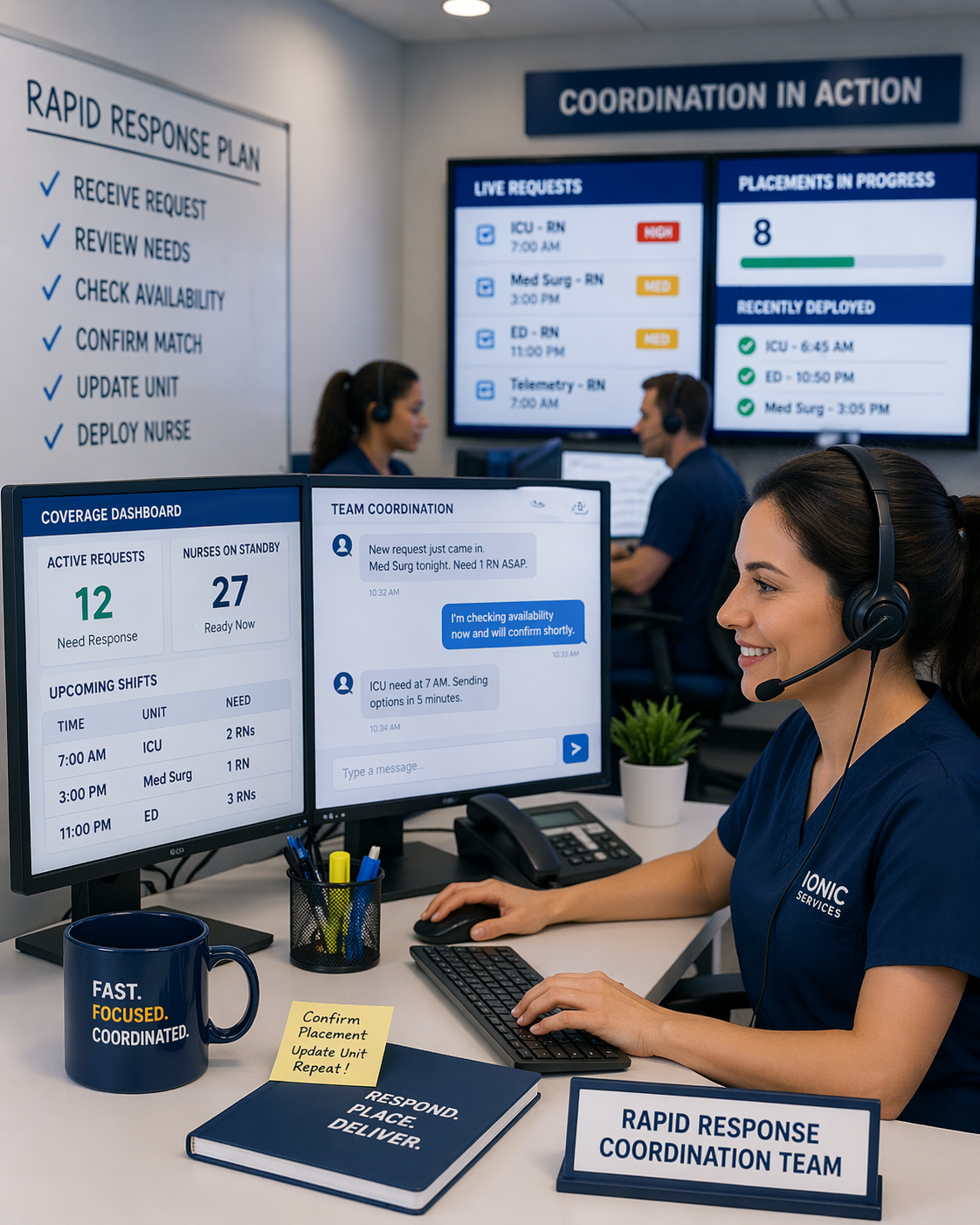 Rapid response staffing coordination team managing urgent nurse coverage