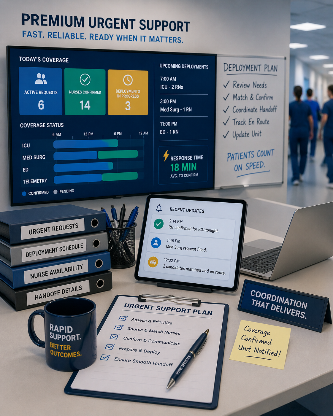 Urgent support operations dashboard for rapid response nurse staffing